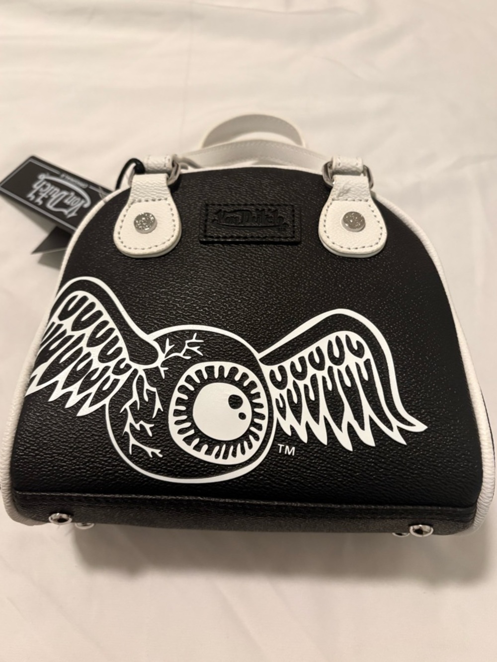 Von Dutch Black & White Flying Mini Eyeball Bowling Crossbody Bag - New